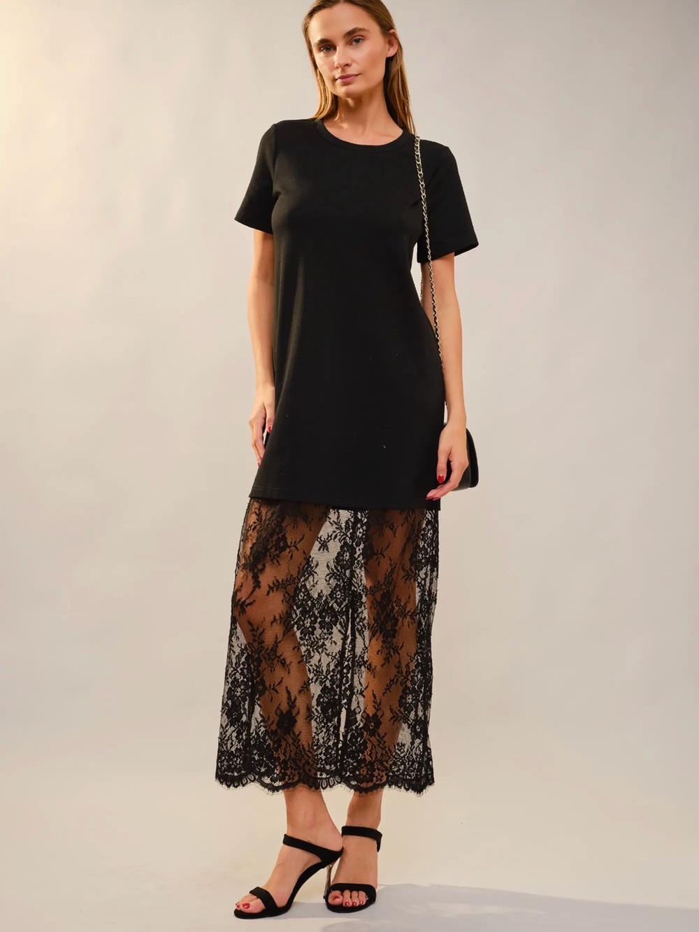 Black Short-Sleeve Lace Hem Maxi Dress